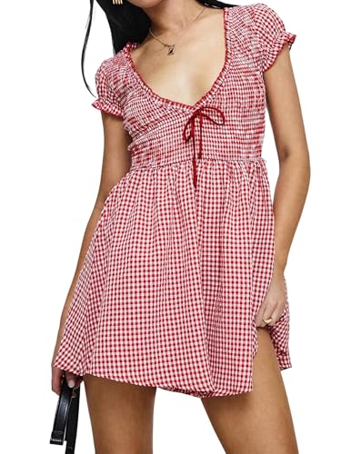 Image of Women Y2k Puff Sleeve Babydoll Dresses Square Neck Tie Back Mini Dress Summer Solid Off Shoulder Flowy Sundress