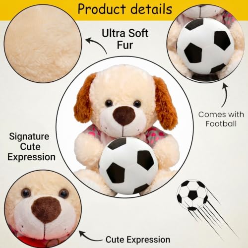 Image of Tickles Cute Sitting Puppy Dog with Football Soft Stuffed Plush Animal Sports Toy for Kids Boys & Girls Birthday Gift (Size: 33 cm Color: Multicolor)