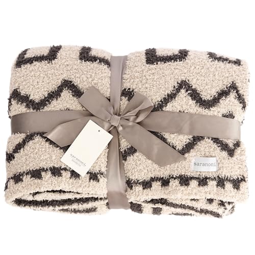 Image of SARANONI Throw Blanket | Breathable Double Layer Soft, Plush Decorative Comfy Blankets for Couch or Bed | Cream and Black, Mudcloth - 50 inch x 60 inch