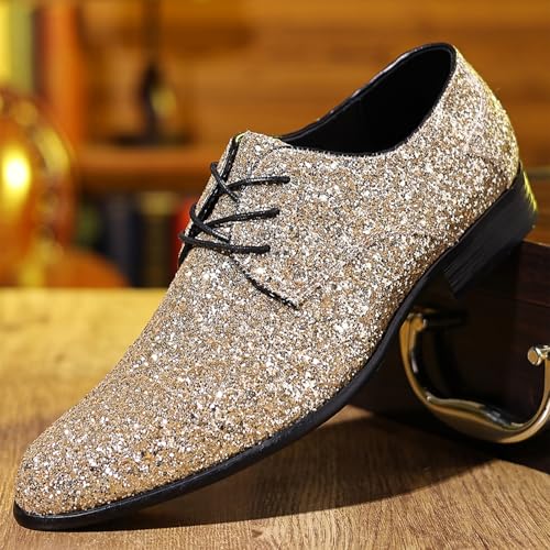 Men's Sequined Pointed Toe Oxford Shoes Fashion Glitter Sparkly Lace Up Low Block Heel Tuxedo Dress Shoes for Party Prom Wedding3
