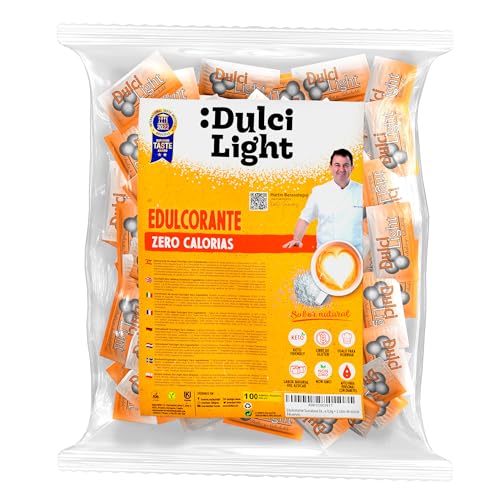Dulcilight Edulcorante Sucralosa Zero bolsa de 100 Sobres | Sabor Natural | Granulado con Fibra Vegetal | keto |1 sobre 0,6g = 2 cdas de azúcar| No OMG | edulcorante sobres