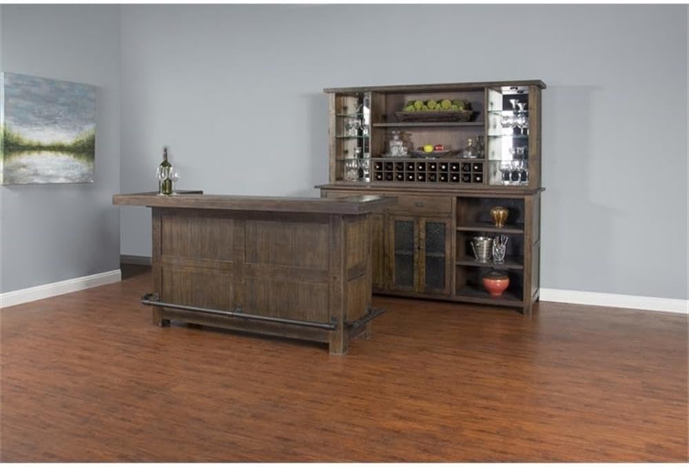 Home Bar and Storage Buffet Cabinet with Hutch in Tobacco Leaf 2 Piece Set