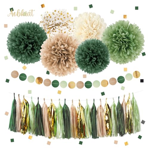 Image of AOBKIAT Sage Green Wedding Party Decorations Kit,28 PCS | with Tissue Paper Pom Poms,Garland,Tassels Hanging Backdrop for Birthday,Bridal Baby Shower,Boho Wedding Party Supplies