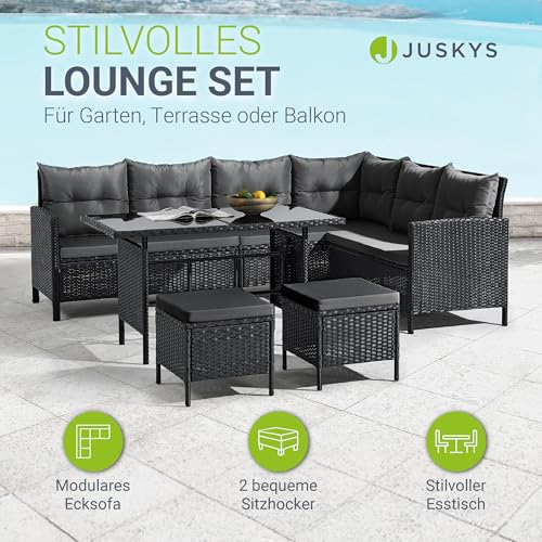 Juskys Polyrattan Lounge Manacor mit Ecksofa, Esstisch, 2 Hocker & Kissen - wetterfest bis 7 Personen - Bezüge waschbar - Rattan Garten Sitzgruppe Gartenlounge Gartenmöbel Set - Schwarz/Grau