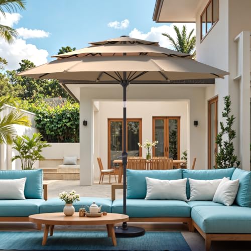 Sannwsg 9 ft Patio Umbrellas, 3 tiers Outdoor Umbrella with Fiberglass Ribs, Table Umbrellas with Push Button Tilt/Crank, Market Umbrella, Porch Umbrela for Backyard, Deck, Garden, Pool