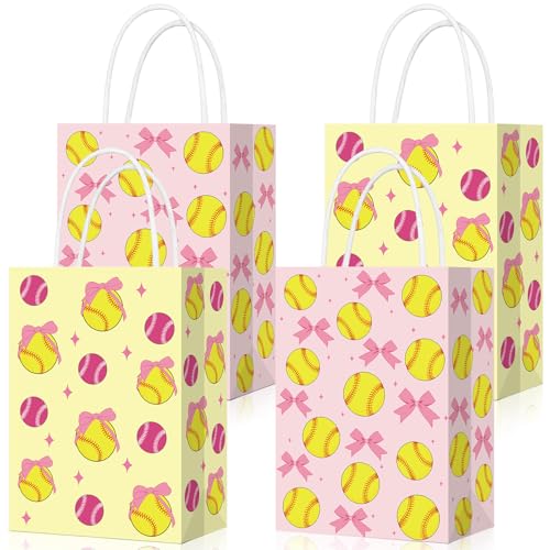 Eersida 16 Pcs Pink Bow Softball Snack Bags for Team with Handles Bulk 2 Styles Softball Candy Treat Bags Birthday Supplies Sports Party Gifts
