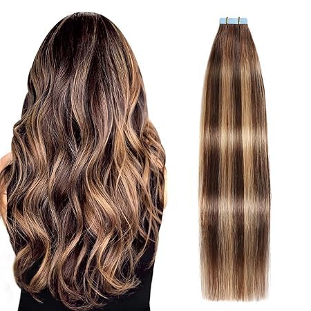 SUYYA Tape in Hair Extensions Human Hair 20 Pcs 40g Invisible Tape Hair Extensions Straight Tape Extensions Real Human Hair 12 Inches #P4/27/T4 Ombre Chocolate Brown to Caramel Blonde