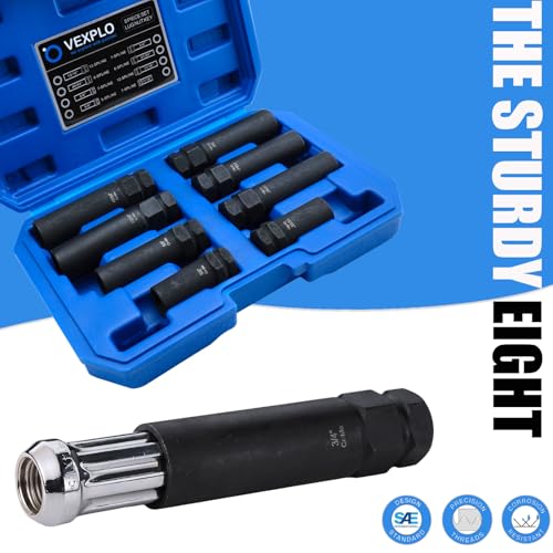Image of VEXPLO Spline Lug Nut Socket Set, 8 Piece SAE & Metric Locking Lug Nut Removal Tool, Wheel Lock Removal Kit for Easy Removing of Aftermarket & Factory Wheel Lug Nuts