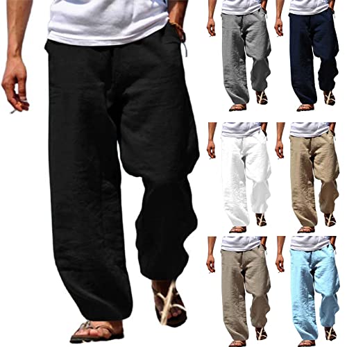 Mens Cotton Linen Pants Loose Wide Leg Beach Yoga Trousers Elastic Waist Drawstring Breathable Pants with Pockets3