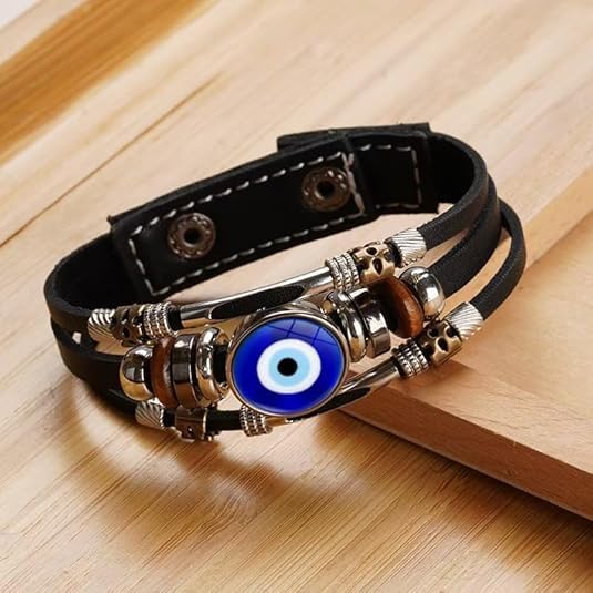 Evil Eye Leather Bracelet 2PCS, Three-Row Beads Charms Bracelet, Multi-Layer Wristband Wrap Protection Jewelry 5
