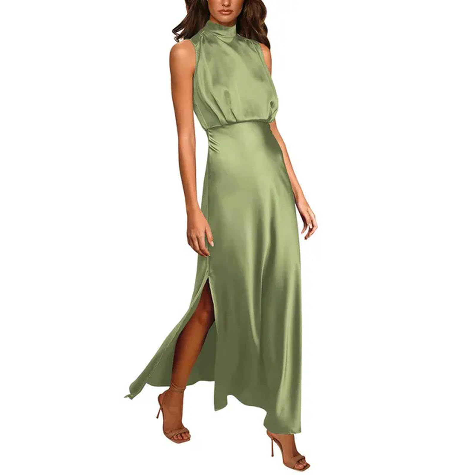 ARESU Vestidos Vintage de satén sin Mangas con Cuello Falso para Mujer, Vestido Largo Formal Elegante con Abertura Alta para Fiesta, Vestido de Noche de Cintura Delgada para Mujer