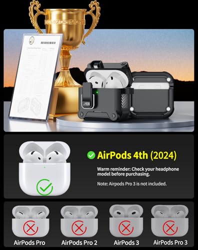 Image of Pohgelan for AirPods 4 Case with Safety Lock-Black | Magnetic Automatic Lock with Cleaning Kit&Keychain,Compatible with Magsafe