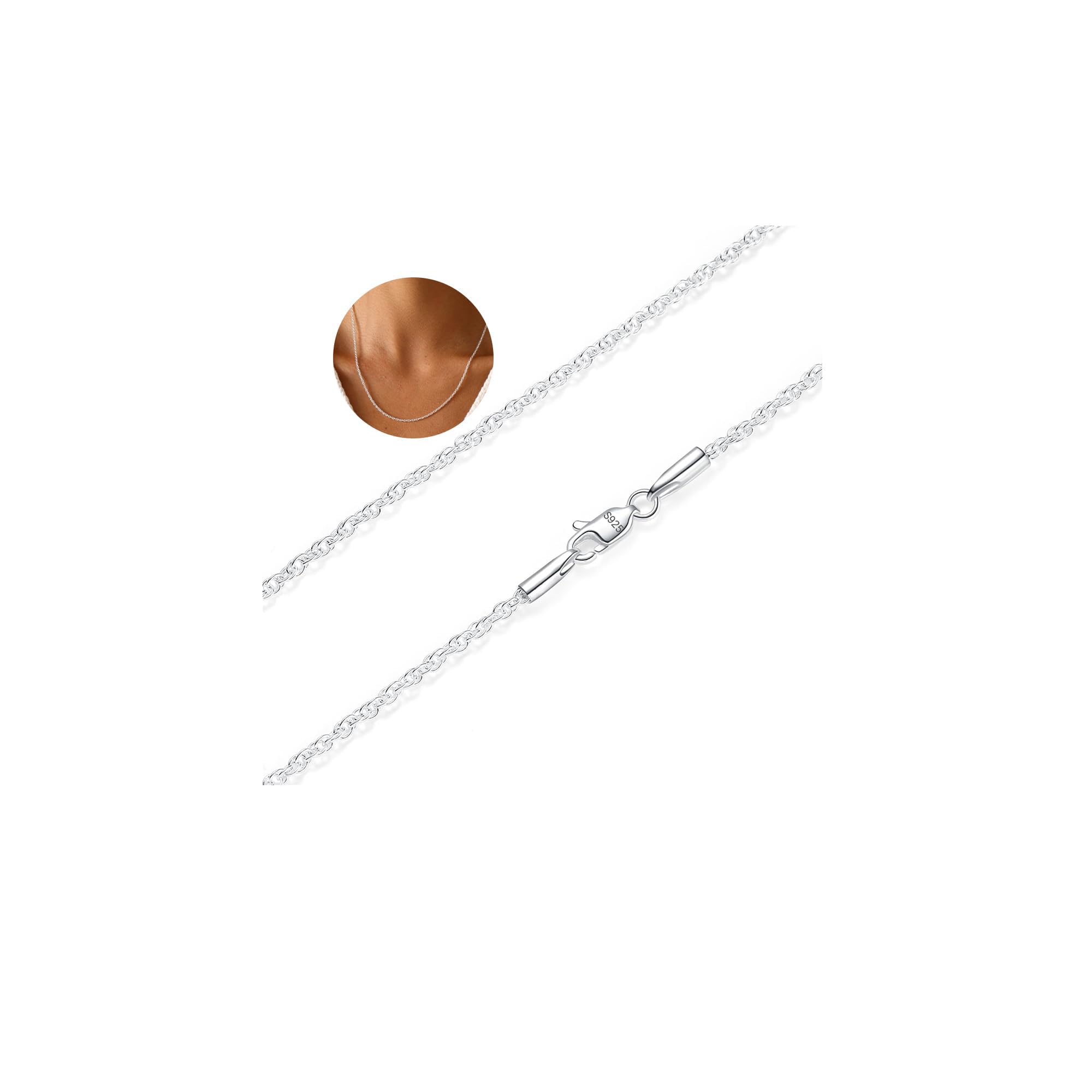 BAROROBA 1.5mm/2mm 925 Solide Sterling Silber Kordelkette Halskette für Damen, Robuste Dainty Farbecht Silberkette Damen Ohne Anhänger Schmuck Geschenke 16/18/20/22/24 Zoll