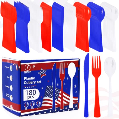 FULJOOY 180 PCS 4th of July Independence Day Plastic Silverware Set Disposable Utensils Heavy Duty Plastic Cutlery Set Disposable Utensils Includes Spoons Forks Knives for Memorial Day Decorations