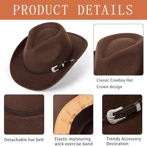 Kids Western Cowgirl-Cowboy Felt-Fedora-Hat Girls Boys Wide-Brim Retro-Rodeo Panama-Cap with Gus-Buckle-Belt for 5-8T, Brown4