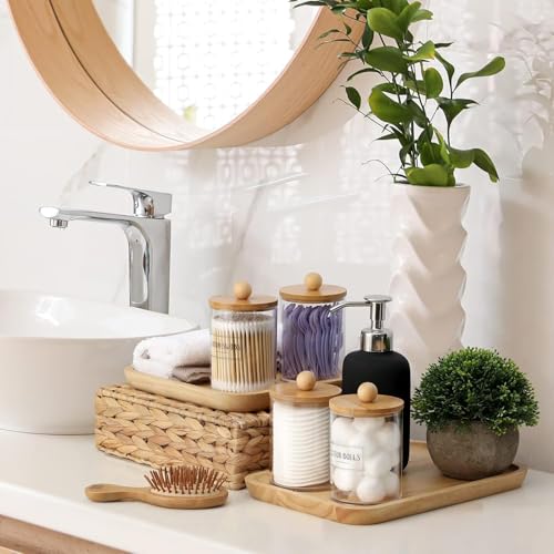 Image of Soko 2 Pack Qtip Holder with Bamboo Lids, Cotton Swab Storage Dispenser, Acrylic Vanity Countertop Cosmetic Makeup Organizer - Bathroom Canister Accessories Set for Ball, Pads, Floss, Earbud - 2 PC