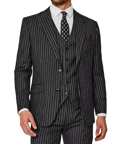 Wangyue Pinstripe Suits for Men Slim Fit 3 Piece Stripe Suit Men Wedding Formal Business Elegant Two Button Prom Tuxedo