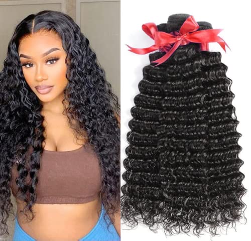 Loose Deep Wave Human Hair Bundles Brazilian Virgin Hair Weave Bundles 10A Grade Unprocessed Human Hair Bundles Deep Curly Unprocessed Hair Extensions Natural Color（16 inch）