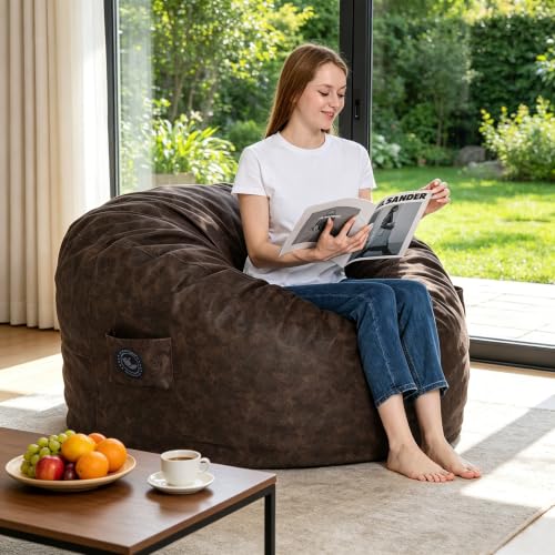 MinComfyWo 4FT Bean Bag Chair for Adults Oversized Bean Bag Sofa Soft Supportive Bean Bags with Durable Removable Cover for Living Room Bedroom Gaming Room Kids & Teens-Cover-Leather-Brown