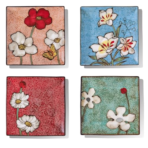 Porcelain Square Dessert Salad Pasta Plates 7.5 inches ceramic plates set of 4 Stackable Dinner Plates for Steak, Pasta, Salad, Snacks, Dessert，Microwave and Dishwasher Safe (Multicolor A, 7.5 Inch)