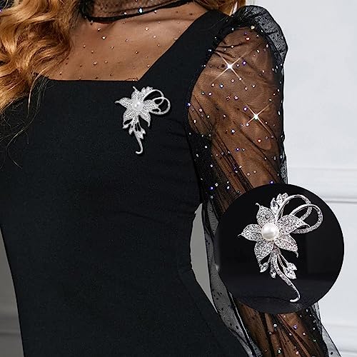 Image of Crystal Pearl Flower Brooches Pins Fashion Beautiful Created Rhinestone Floral Brooch Good Idea for Party Dance Wedding Banquet for Elegant Women Girl
