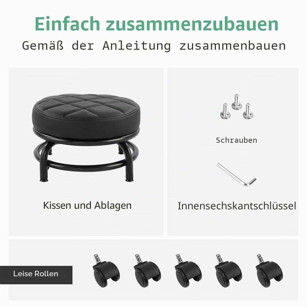 FURWOO Rollsitz PU-Leder Niedriger runder Rollhocker Bodenhocker mit Universal-Rollen für Home Fitness Sport Pediküre Hocker, H：25.5cm(Schwarz)