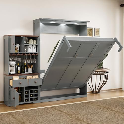 SOFTSEA Queen Size Murphy Bed with Storage Cabinet, Wine Rack, Glass Holders, Drawers & LED Lights, Space-Saving Foldable Wall Bed for Guest Room, Bedroom, or Office, Grey