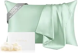 THXSILK Mulberry Silk Pillowcase for Hair and Skin, 100% Mulberry Silk Bed Pillowcase, Hypoallergenic Soft Breathable Silk Pillow Case with Hidden Zipper, King Pillow Case 20"x36", Turquoise Green