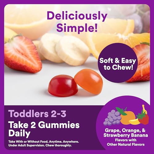 Image of SmartyPants Toddler Multivitamin Gummies, Omega 3 (DHA /EPA), Vitamins D3, C, Vitamin B12, B6, A, K & Zinc, Biotin, Gluten Free, Three Fruit Flavors, 60 Count (30 Day Supply)