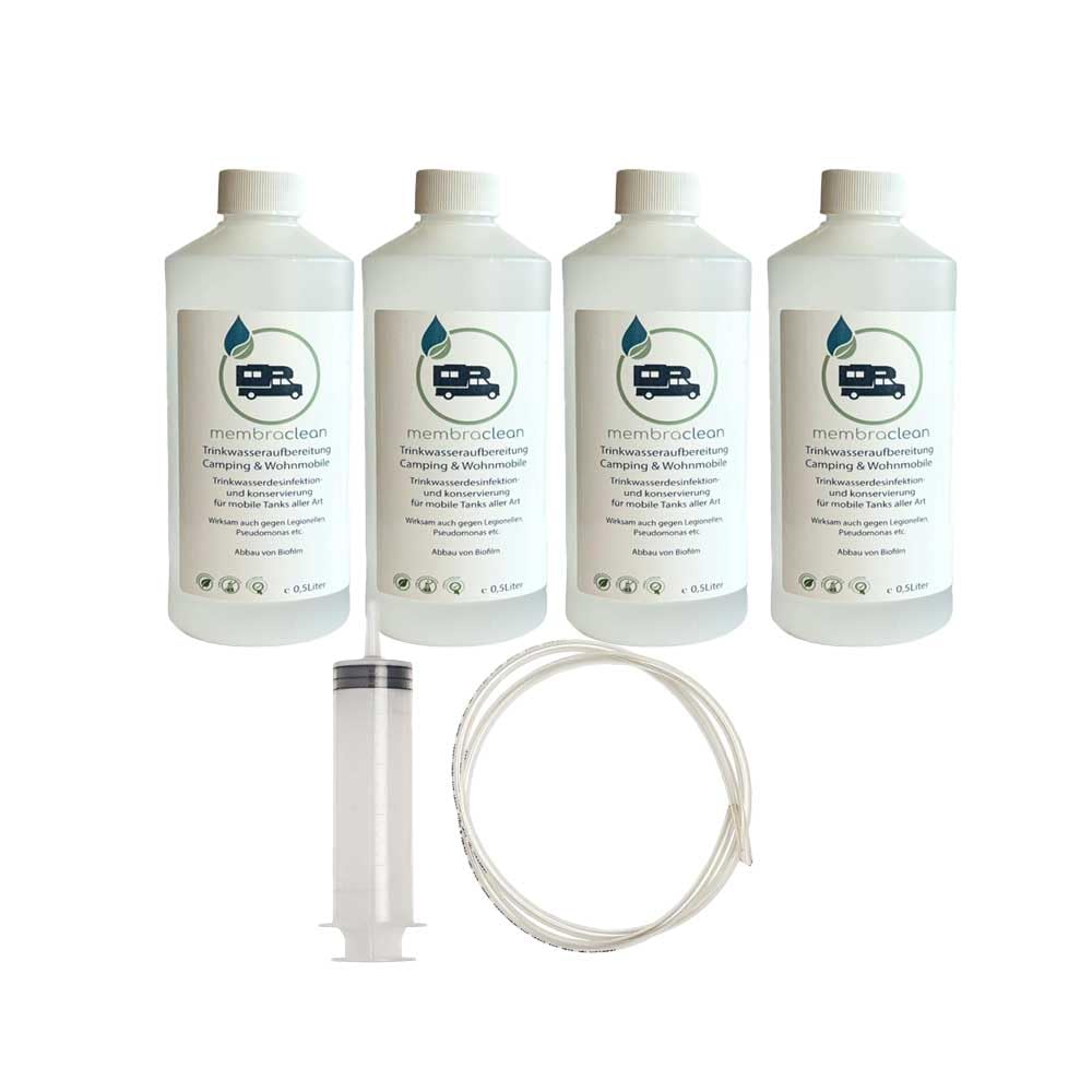4x 0,5 L membraclean Trinkwasseraufbereitung Camping & Wohnmobil+Befüllset | Das Starterset für sicheres Trinkwasser unterwegs: Trinkwasseraufbereitung, Konservierung, Reinigung und Biofilmabbau