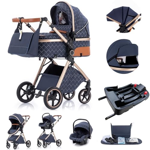 Gcarebb Kinderwagen 3 in 1 Mit Isofix Base, Buggy Mit Auto Babyschale, Mit Höhenverstellbarer Kinderwagen Komplettset, KombiKinderwagen Mit Aluminiumrahmen für Neugeborene 0 bis 3 Jahre (Blau)