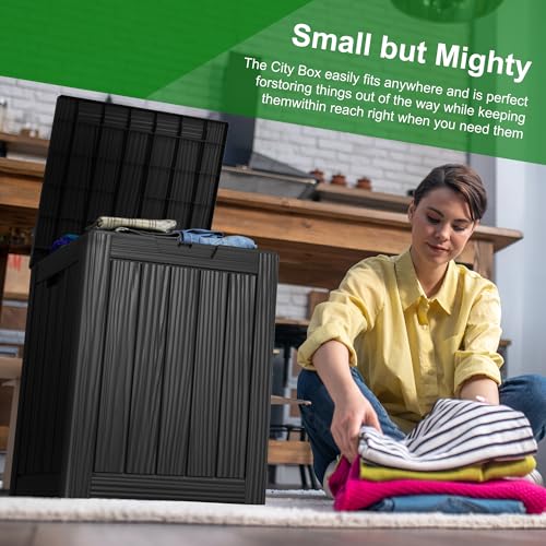 Image of ROJIK Outdoor Storage Housing Deck Box - Waterproof Patio Furniture, Garden Tools, Cushions, Pool Accessories Storage Bench with Lockable Lid and Side Handles (Black, 28 Gal)