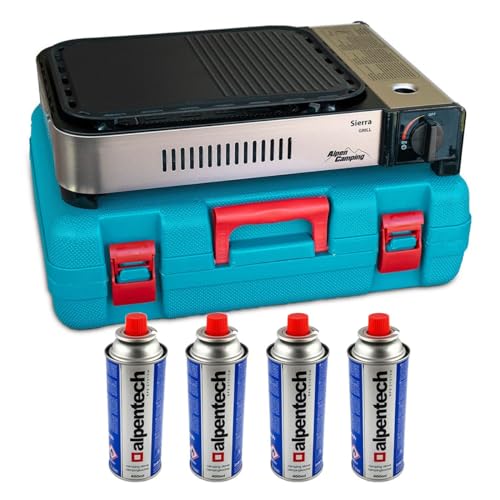 ALPEN - Plancha/Grill Gaz Portable Multifonction 2100W, Allumage Piézo + 4 cartouches,...