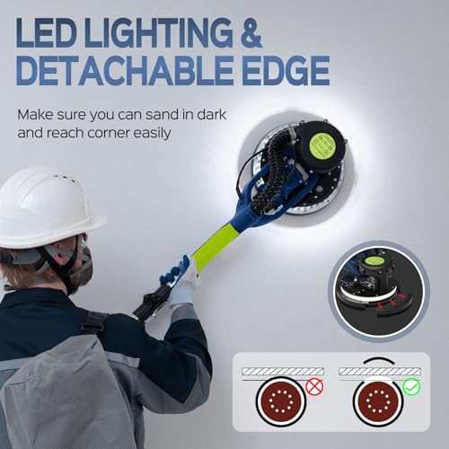 Drywall Sander, 2025 Upgraded 8-Amp Popcorn Ceiling Removal Tool with 7 Variable Speed 800-1800RPM, Drywall Sander with Vacuum Dust Collector with Extendable Handle, LED Light,12pcs Sanding Discs,Blue by IMQUALI - Image 5