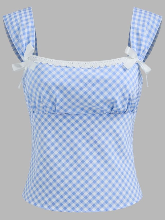 Women Sexy Dorothy Gingham Top Lace Trim Square Neck Plaid Cami Shirt Going Out Corset Tops Y2k Costumes - Image 3