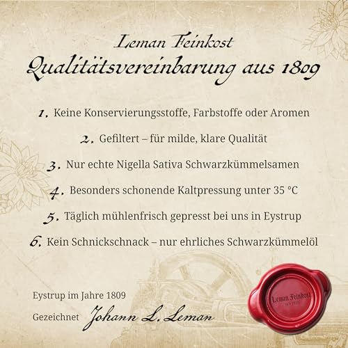 Leman Feinkost Schwarzkümmelöl 250ml – Mühlenfrisch kaltgepresstes Black Seed Oil aus Nigella Sativa – Gefiltert, hoher Thymochinongehalt & Omega 3-6-9 – Qualität seit 1809 vom Hersteller