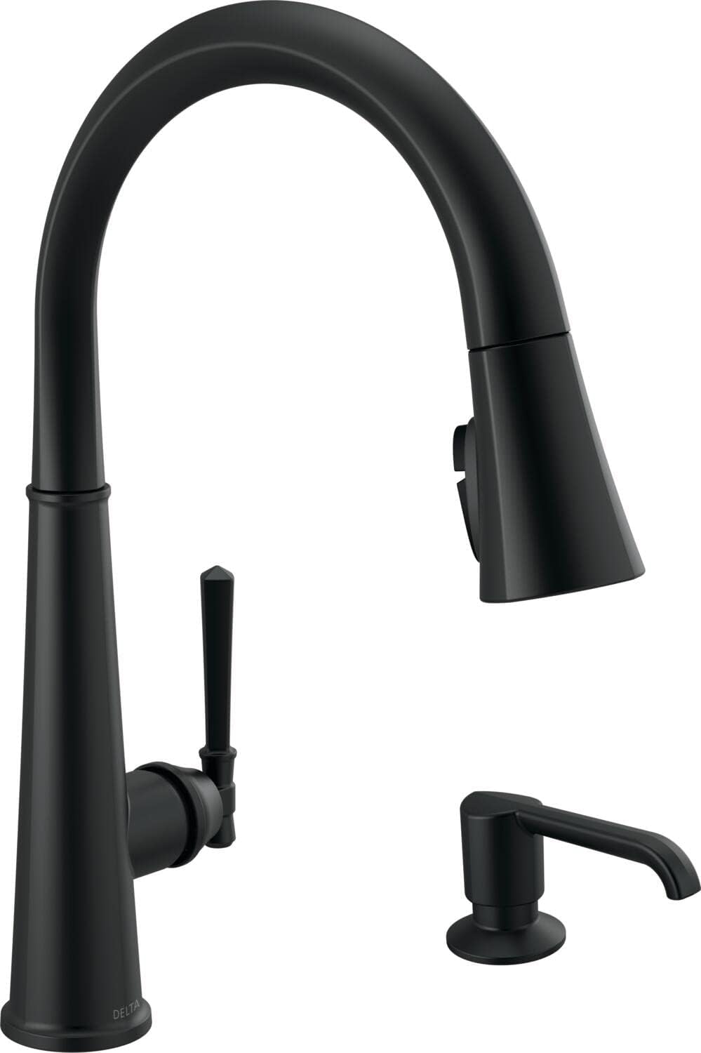 Delta Faucet Emmeline Matte Black Kitchen Faucet Black, Kitchen Faucets with Pull Down Sprayer, Kitchen Sink Faucet with Magnetic Docking, Soap Dispenser Included, Matte Black 9182-BL-DST