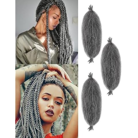 ADIASAI 3 Packs Grey Springy Afro Twist Hair with Crochet Hook, 16 Inch Pre-Separated Marley Crochet Braiding Hair for Distressed Soft Locs, Synthetic Hair Extension for Black Women Cover