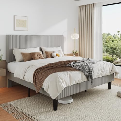 Image of Allewie King Bed Frame, Corduroy Tufted Headboard, Light Grey