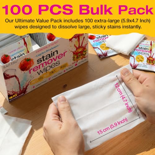 Image of Stain Remover Wipes, 100 Count, Individually Wrapped, Instant Stain Remover | For clothes, fabric & jackets, No-rinse cleaner, Portable for travel, purse & diaper bag, Removes grease, food & more