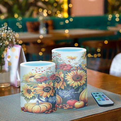 Image of Flickering Flameless Candles, Sunflowers Pumpkins Autumn Thanksgiving LED Candles with Remote Timer, Set of 2 Battery Operated Candle for Valentine Wedding Birthday