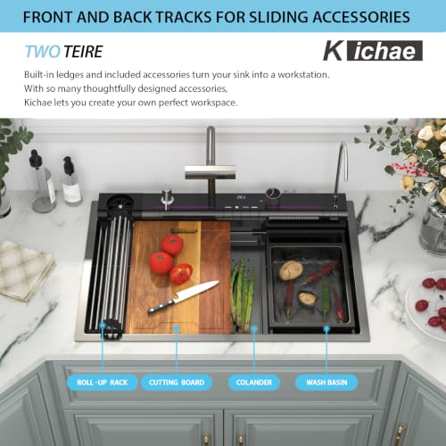 Image of Kichae 33x22 Drop In Waterfall Kitchen Sink Black Stainless Steel 16 Gauge