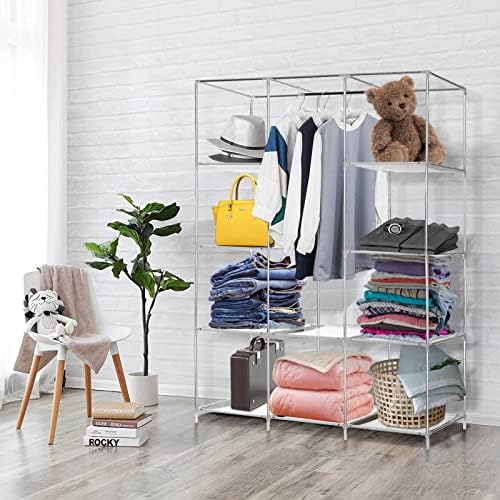 Holdfiturn Canvas Wardrobe 128x45x173cm Portable Wardrobe with Hanging Rail Triple Canvas Wardrobe for Clothes Toys Shoe Bags and More(Grey)