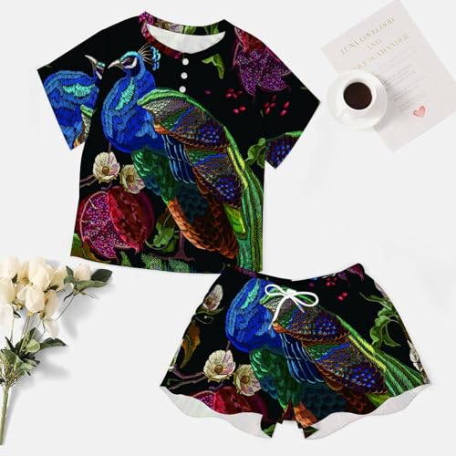 Pyjama femme court Fleurs De Paon en version ensemble de nuit léger pour l'été - 7