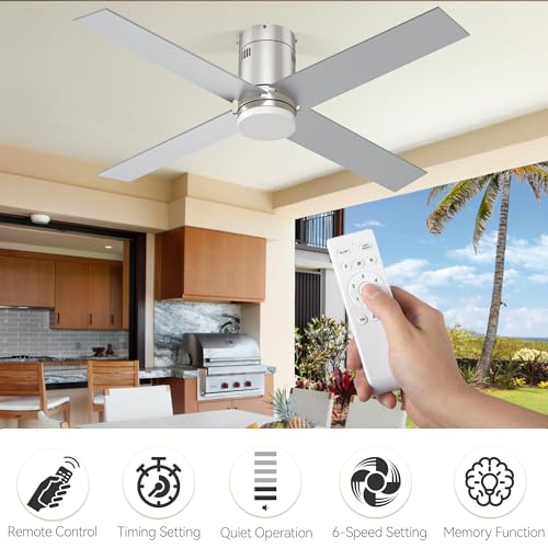 DWVO 52 Inch Flush Mount Ceiling Fan with Lights, Brushed Nickel Reversible 4 Blade Ceiling Fan with Dimmable 3 Color Temperature, 6 Speed DC Motor, Memory Function for Bedroom, Living Room