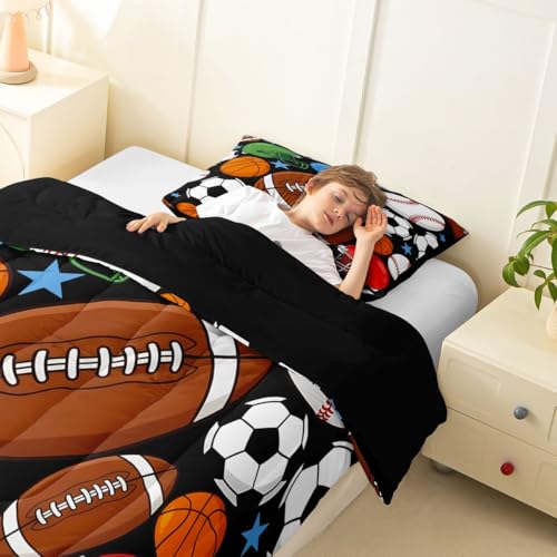 Image of Feelyou Football Kids Comforter Set King Size Basketball Sports Bedding Set Soccer Ball Game Duvet Quilt for Kids Boys Girls Bedroom Black Baseball Gaming Decor Microfiber Ultra Soft Breathable