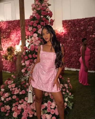 Jacquard Satin Short Homecoming Dresses for Teens with Bow 2025 Square Neck A-line Floral Cocktail Dress with Pockets4