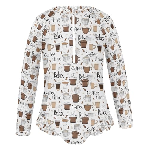 ALAZA Coffee Cup Cartoon Girls One Piece Swimsuit Long Sleeve Rashguard Swimsuit UV 50+ Swimwear Zip2