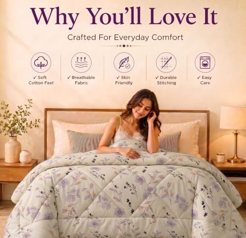 Image of HOMEKART 220 GSM Reversible Microfiber AC Comforter /Duvets for Mild Winter | All Season Single Size 3 Layered Quilted Blanket for Single Bed (230 cm x 150 cm,Off White)
