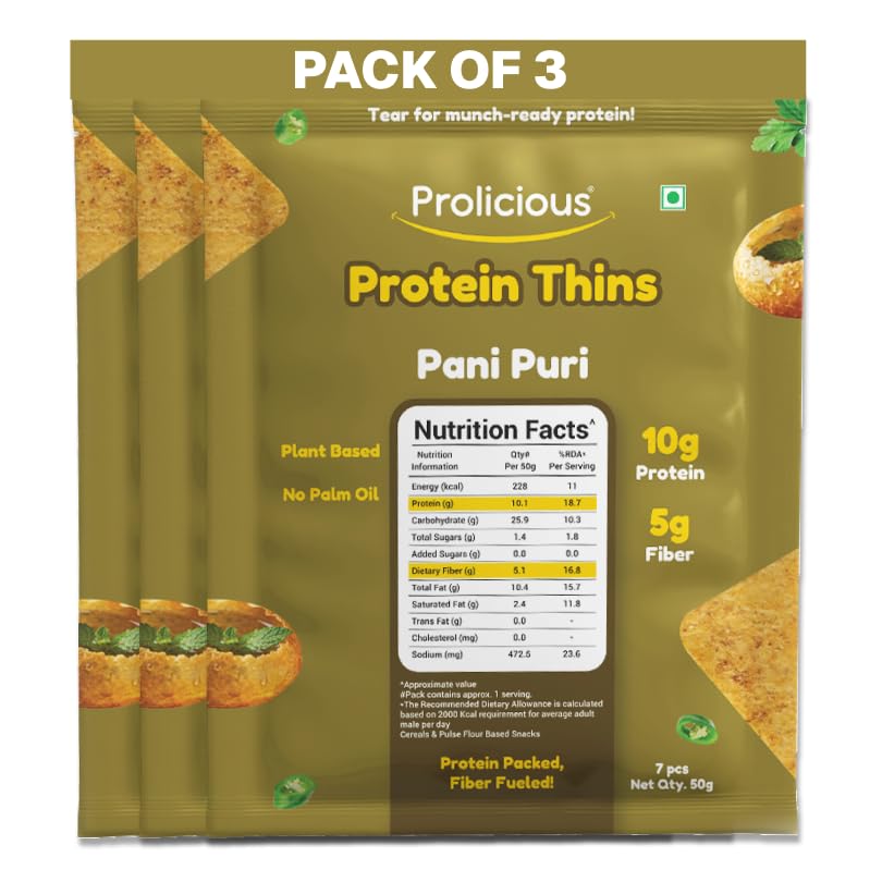 Image of Prolicious Thins Pani Puri High Protein Chips | Upgrade Your Snacking | 10g Protein + 5g Fibre | Same Crunch, Snack Smarter | Plant Based| No Palm Oil | 50g, Pack of 3